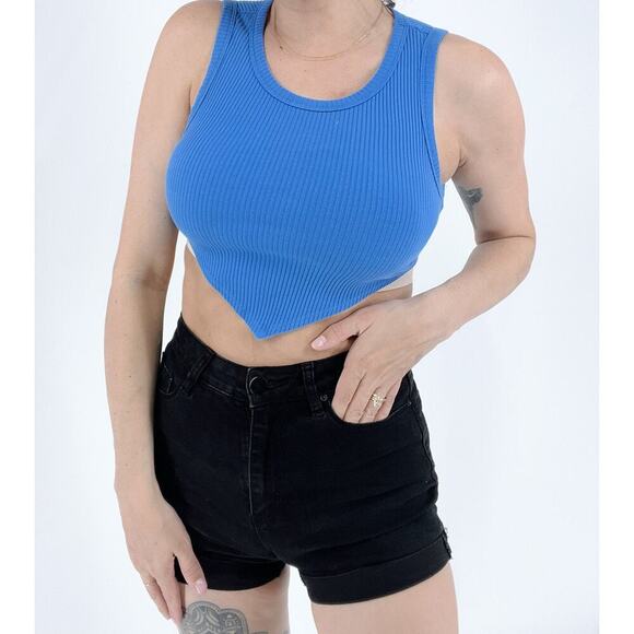 Women's Blue Ribbed Crewneck Asymmetrical Hem Crop Top Size Small - Picture 1 of 3